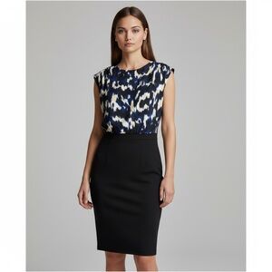 🌻NEW w/tag Tahari Draped Mock Neck Midi Sheath Dress Black/Blue Abstract Size M